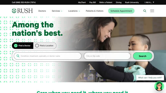 Healthcare website featuring a search bar and a welcoming image of a doctor assisting a patient.