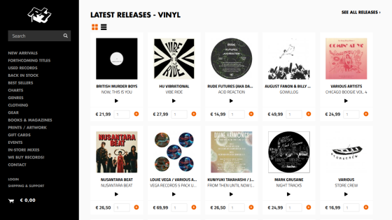 Latest vinyl releases with album covers, titles, prices, and a sidebar menu for music categories and support.