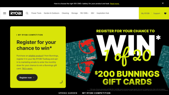 RYOBI website hero section with a man standing next to a lawn mower and a dinosaur statue, promoting a spring garden competition
