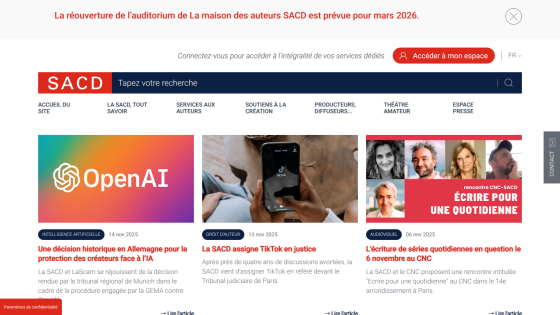 SACD homepage with news articles on AI protection in Germany, TikTok legal action, and a CNC-SACD writing event in Paris.