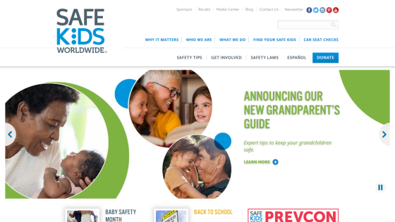 Homepage of Safe Kids Worldwide featuring a guide announcement and family images.
