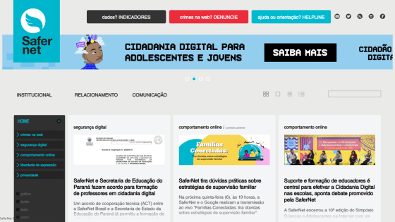 SaferNet homepage with digital citizenship info for youth, navigation menu, and news on family supervision strategies and educator support