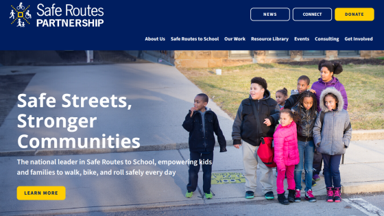 Safe Routes Partnership homepage promoting safe walking, biking, and rolling for kids with a group of children standing on a sidewalk