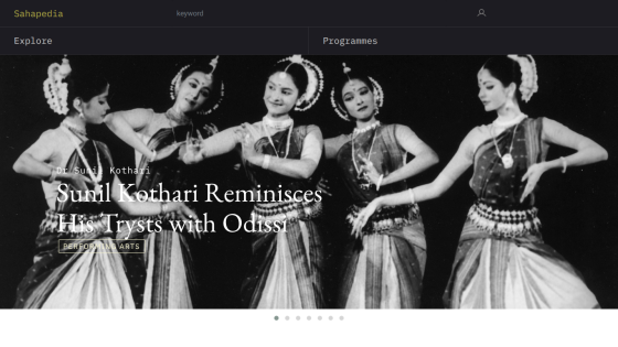 Website header with navigation and hero section featuring Sunil Kothari reminiscing his trysts with Odissi in performing arts