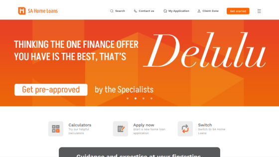 SA Home Loans website with orange hero banner offering finance pre-approval and navigation options for calculators, apply, and switch