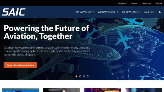 Homepage of SAIC showcasing aviation solutions with a prominent call-to-action button.