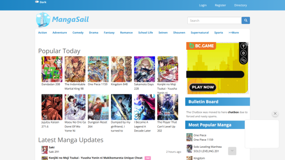 Homepage of MangaSail featuring popular manga and latest updates.