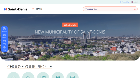 Welcome message for the new municipality of Saint-Denis with a cityscape background and profile selection options