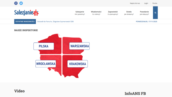 Website header and navigation for Salezjanie with a map of Poland divided into four regions labeled Pilksa, Warszawska, Wrocławska, and Krakowska
