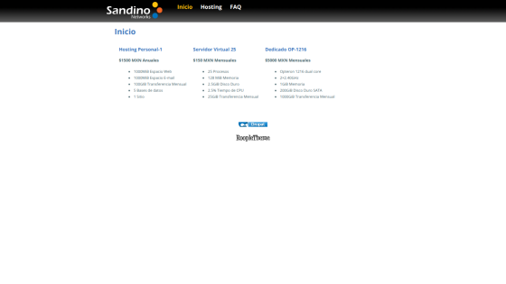 Sandino Networks homepage with hosting plans including Personal-1, Virtual 25, and Dedicated OP-1216 pricing and features