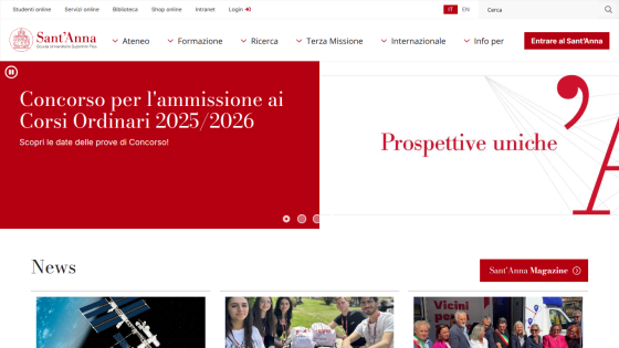 Homepage of Sant'Anna with announcement for admission to courses 2025/2026.