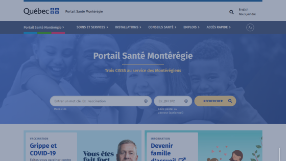 Portail Santé Montérégie homepage with search fields for health keywords and postal code, navigation menu, and health service information