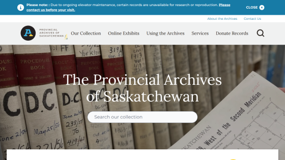 Provincial Archives of Saskatchewan homepage with navigation and search bar over background of archival books and documents