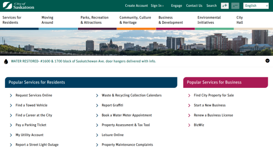 City services for residents and businesses, including popular services and links.
