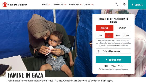 Donation page for famine relief in Gaza, featuring a mother and child with donation options.