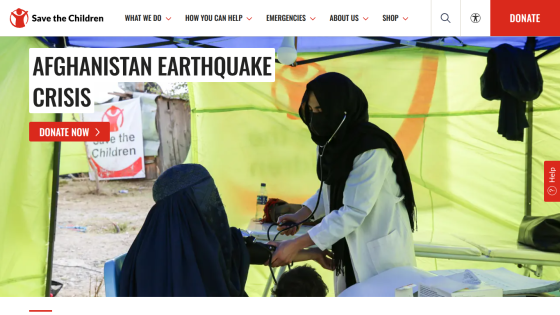 Homepage of Save the Children featuring a call to action for the Afghanistan earthquake crisis.