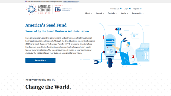 Homepage of America's Seed Fund with a robot and text about funding for small businesses.