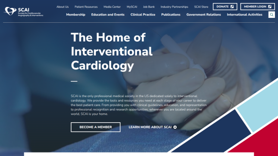 SCAI homepage with navigation and headline about interventional cardiology, plus membership and info buttons