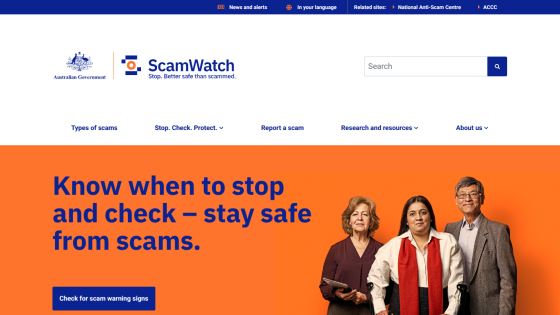 Homepage of ScamWatch with a message about stopping scams and three individuals in view.
