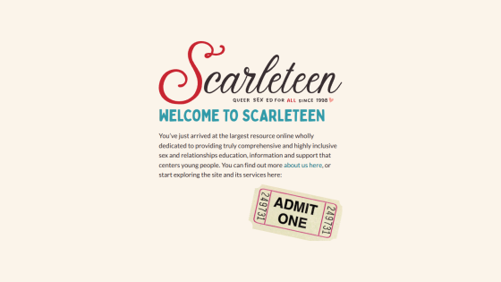 Scarleteen homepage with welcome message and admission ticket graphic.
