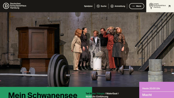 Theater website showing a scene from Mein Schwanensee with actors on stage and event details for Macht at 20:00.