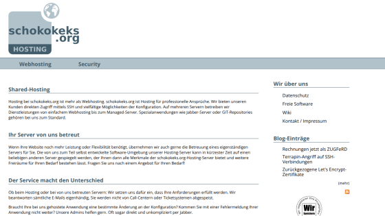 schokokeks.org hosting service offering shared hosting, server management, and customer support with blog entries and privacy info