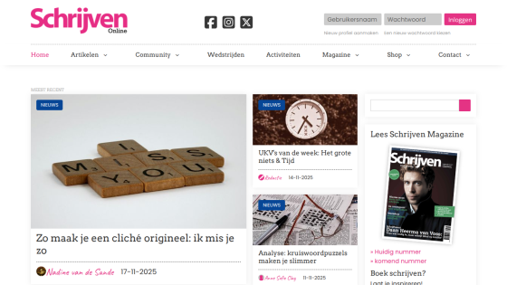Schrijven Online homepage with articles on writing tips, crossword puzzles, and a magazine cover featuring Daan Heerma van Voss