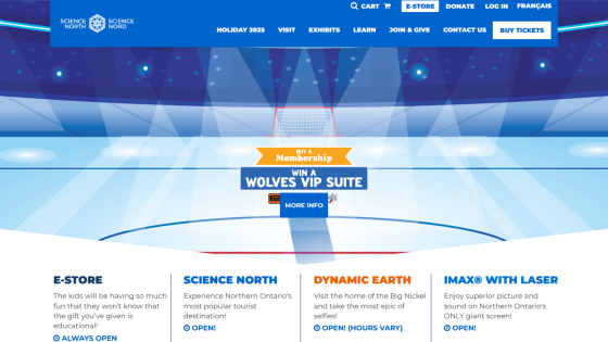 Science North website header with navigation and promotion to buy membership for a chance to win a Wolves VIP suite