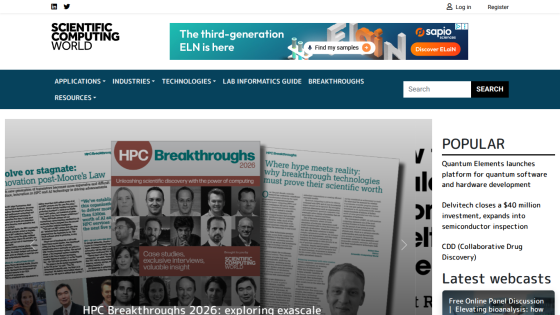 Scientific Computing World homepage featuring HPC Breakthroughs 2026 cover and popular articles on quantum software and semiconductor inspection