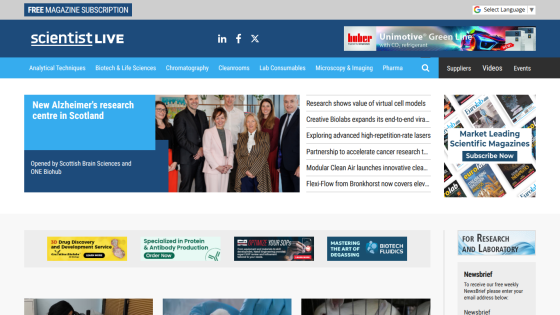 Scientist Live homepage featuring new Alzheimer's research centre in Scotland and latest scientific news headlines