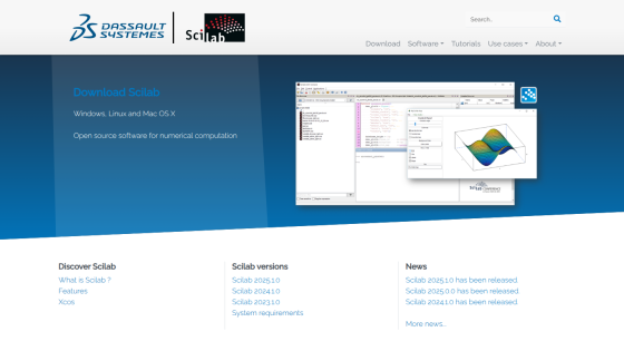 Homepage of Scilab with download options and software features displayed.