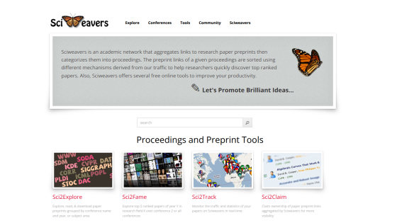 Sciweavers academic network homepage with description, navigation menu, search bar, and preprint tools sections