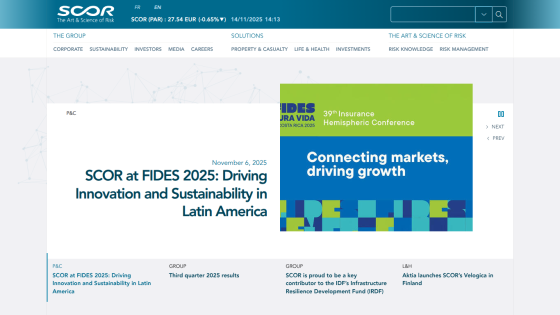 SCOR homepage promoting FIDES 2025 conference on innovation and sustainability in Latin America with navigation menu and contact info