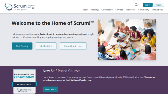 Homepage of Scrum.org featuring training and certification services.