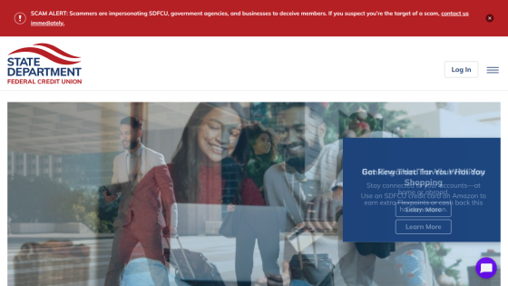 State Department Federal Credit Union homepage with holiday shopping rewards promotion and login option