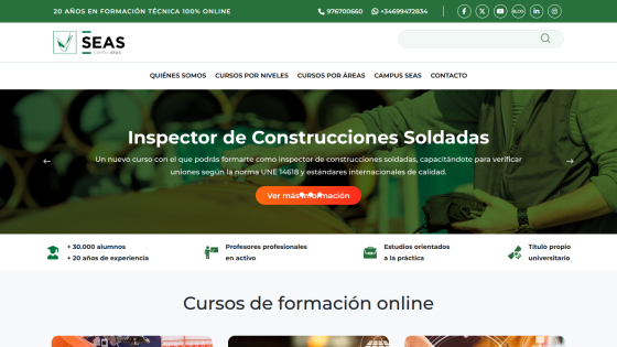 Online technical training site SEAS promoting a course for welding construction inspectors with key benefits and navigation menu.