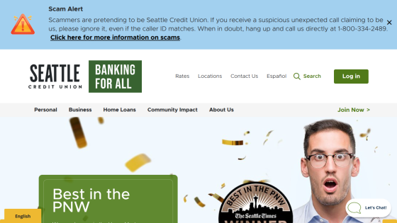 Seattle Credit Union homepage with navigation, scam alert banner, and hero section highlighting 'Best in the PNW'