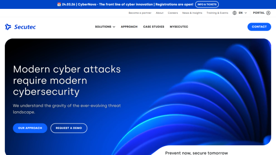 Secutec website hero with cybersecurity message and call-to-action buttons for approach and demo