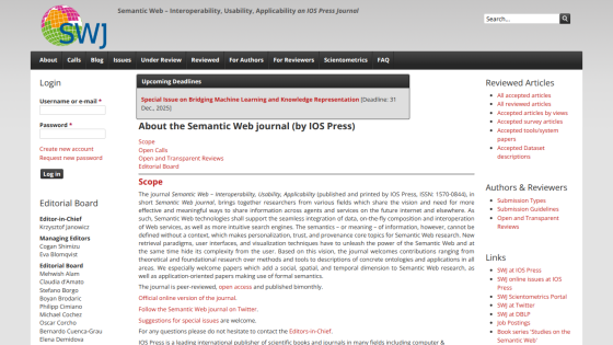 Semantic Web journal homepage with login, editorial board, upcoming deadlines, and journal description