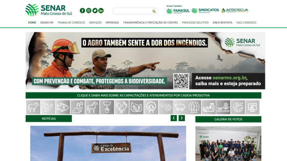 SENAR Mato Grosso do Sul homepage with fire prevention campaign banner and navigation menu