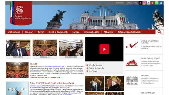 Official website of the Senate with navigation links and a prominent video section.