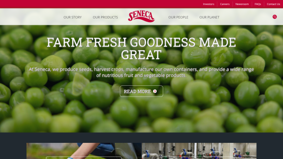 Seneca website with navigation and hero section promoting farm fresh seeds, crops, and vegetable products