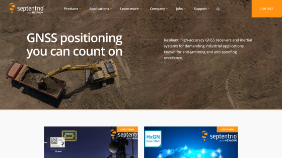 Homepage of Septentrio featuring GNSS positioning solutions with industrial applications and anti-jamming technology