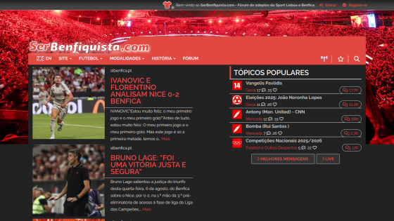 Sports news website featuring articles and popular topics in a red-themed layout.