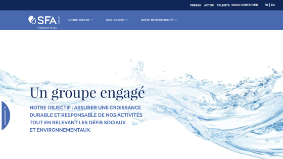 SFA Group homepage with navigation and hero text about sustainable growth and social and environmental challenges