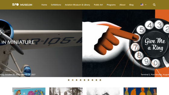 SFO Museum website with navigation menu and hero section featuring an airplane and exhibition details