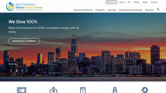 San Francisco Water Power Sewer homepage promoting 100% renewable energy transition with city skyline at sunset