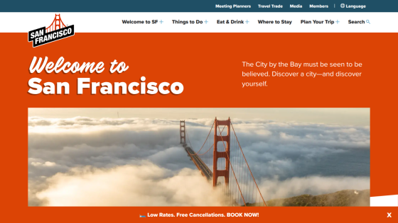 Welcome message for San Francisco with a view of the Golden Gate Bridge.