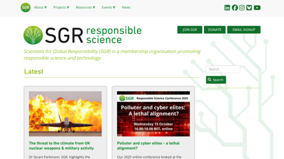 SGR homepage promoting responsible science with latest news on climate threats and upcoming conference details