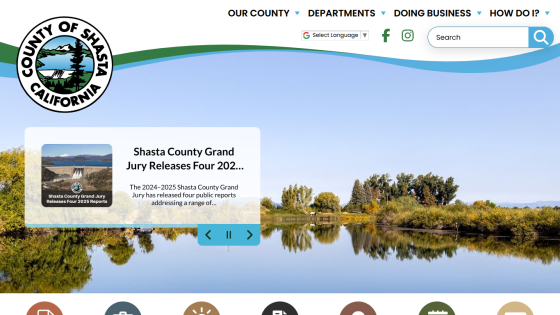 County of Shasta California website with navigation links, search bar, social icons, and hero section featuring a clock tower and news about the Grand Jury reports